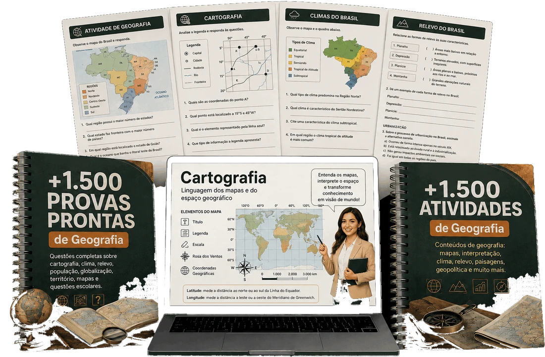 Provas e atividades de Geografia ao lado de um notebook exibindo um slide sobre cartografia
