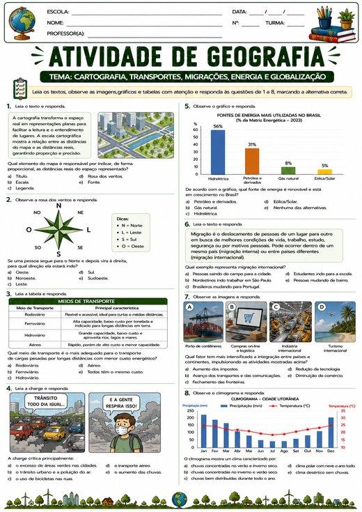 Atividade de Geografia: Cartografia, Transportes, Migrações, Energia e Globalização