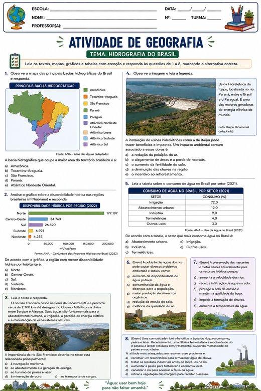 Atividade de Geografia: Hidrografia do Brasil