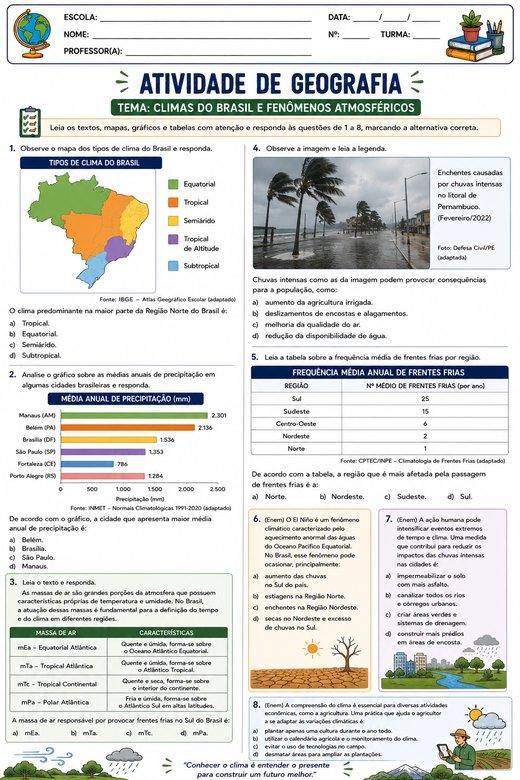 Atividade de Geografia: Climas do Brasil e Fenômenos Atmosféricos