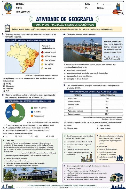 Atividade de Geografia: Industrialização e Espaços Econômicos
