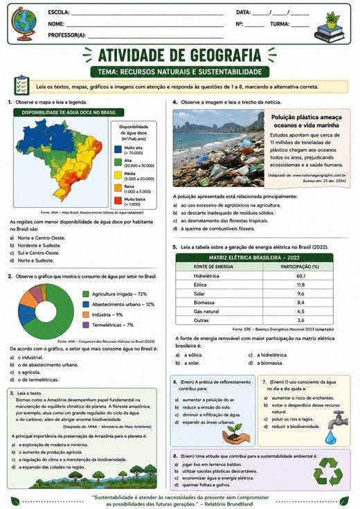 Atividade de Geografia: Recursos Naturais e Sustentabilidade