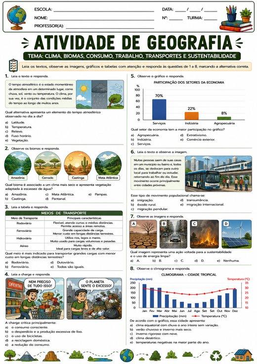 Atividade de Geografia: Clima, Biomas, Consumo, Trabalho, Transportes e Sustentabilidade