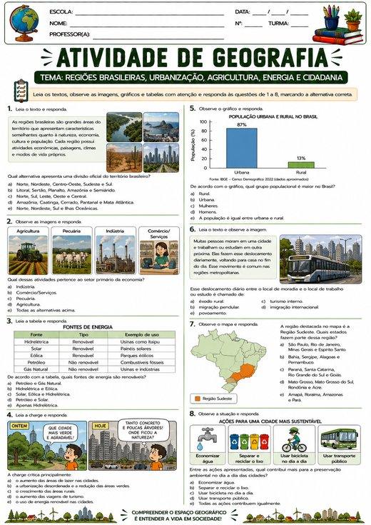 Atividade de Geografia: Regiões Brasileiras, Urbanização, Agricultura, Energia e Cidadania