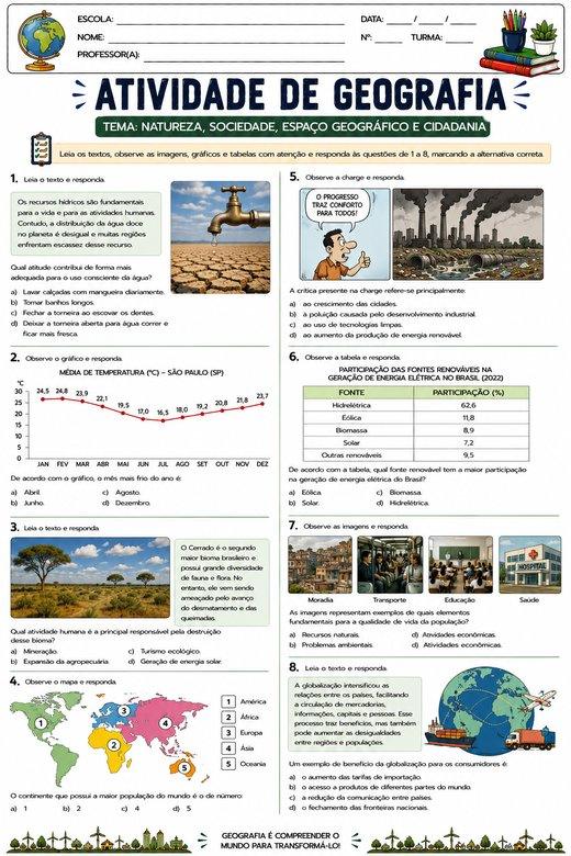 Atividade de Geografia: Natureza, Sociedade, Espaço Geográfico e Cidadania