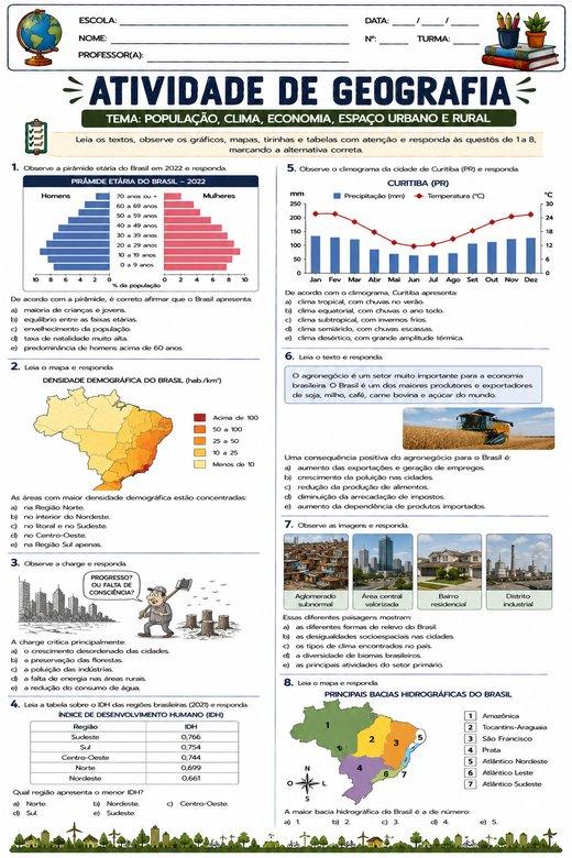 Atividade de Geografia: População, Clima, Economia, Espaço Urbano e Rural