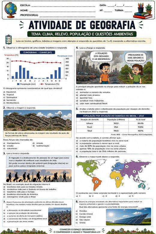 Atividade de Geografia: Clima, Relevo, População e Questões Ambientais