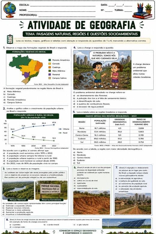 Atividade de Geografia: Paisagens Naturais, Regiões e Questões Socioambientais