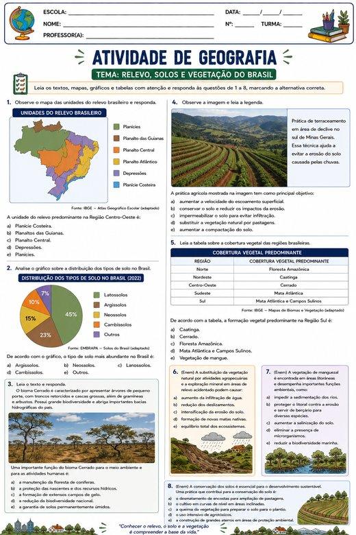 Atividade de Geografia: Relevo, Solos e Vegetação do Brasil